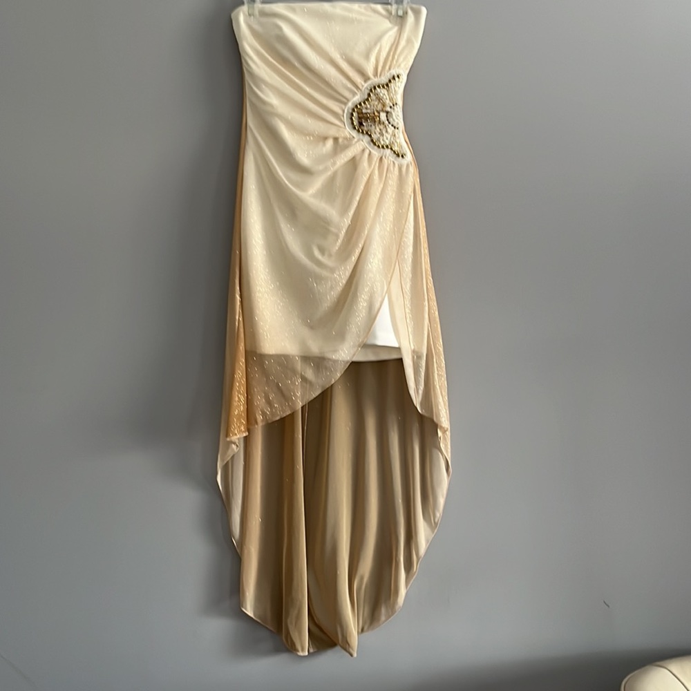Teeze Me Strapless Asymmetrical Hem Gold Sparkly Beaded Formal Dress